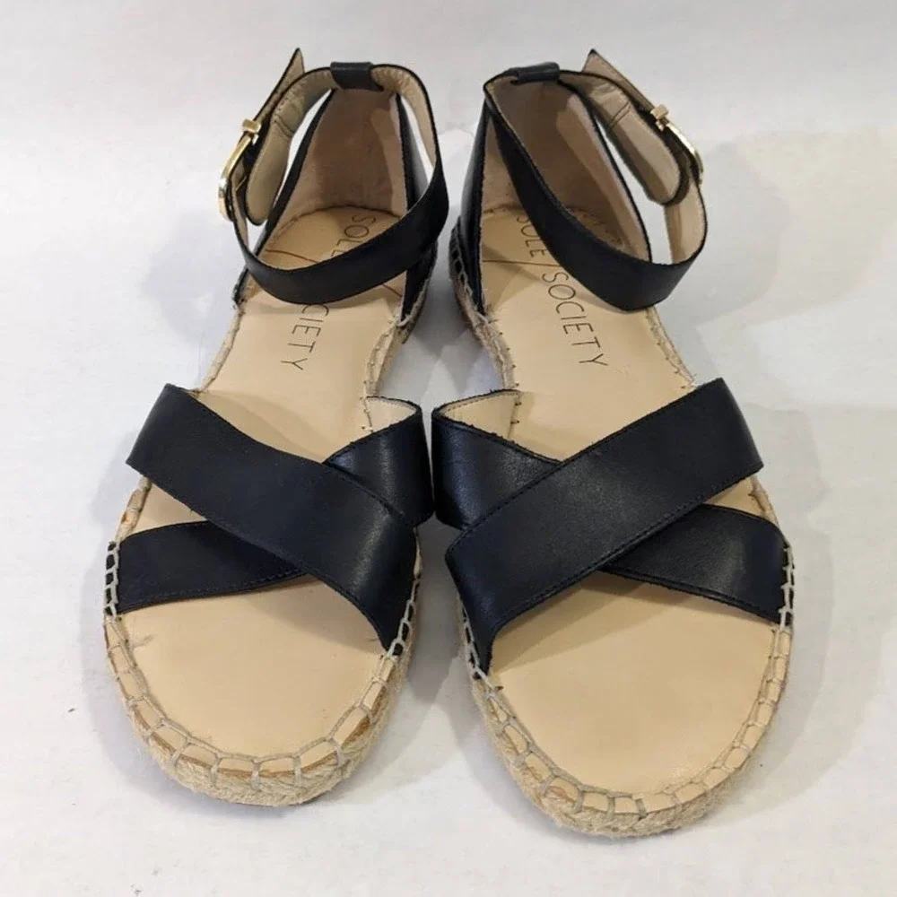 Sole Society Saundra Black Leather Espadrille Ankle Strap Sandals Womens 9.5 M